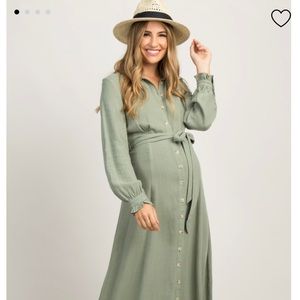 Olive Linen Button Up Maternity Maxi Dress M